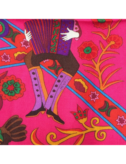 HERMÈS shawl 'Peuple du vent' in and orange, Indian pink, green cashmere and silk fabric.