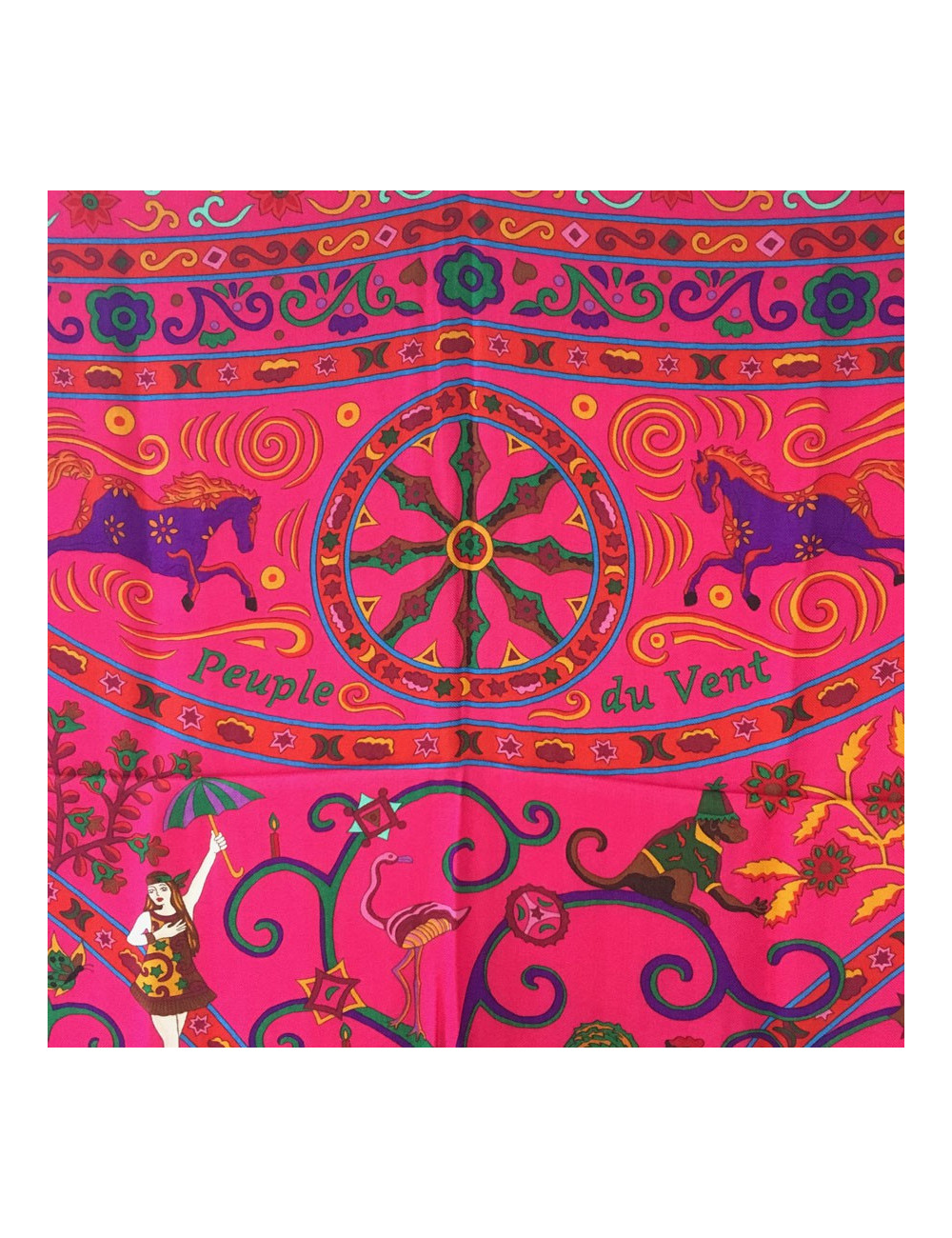 HERMÈS shawl 'Peuple du vent' in and orange, Indian pink, green cashmere and silk fabric.