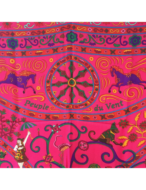 HERMÈS shawl 'Peuple du vent' in and orange, Indian pink, green cashmere and silk fabric.