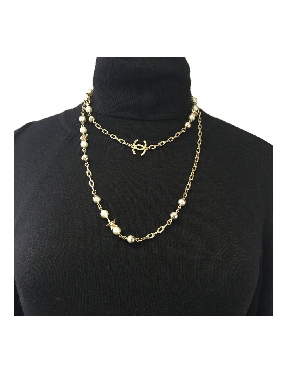 Sautoir CHANEL chaines et perles nacrées