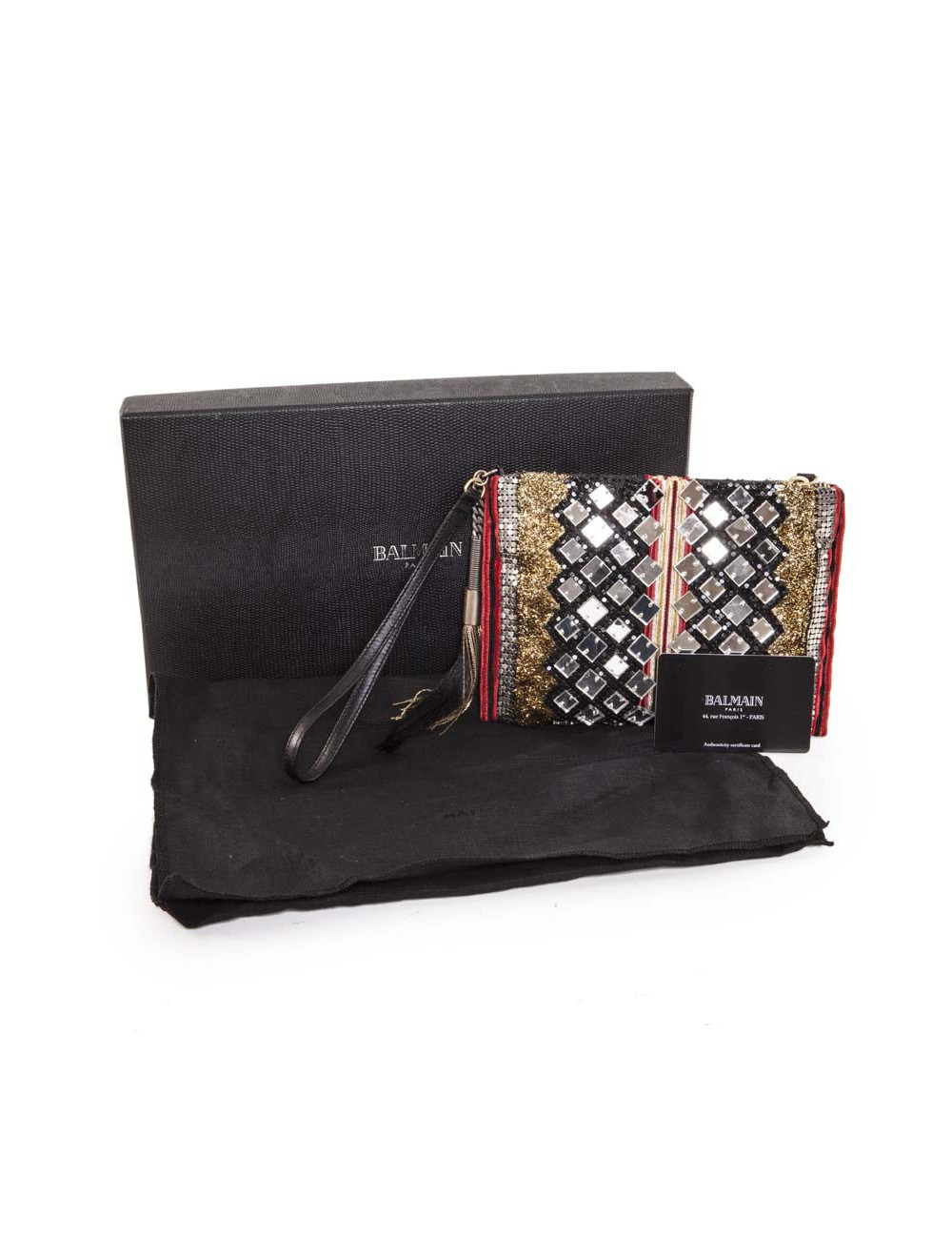 BALMAIN evening clutch in lame gold fabric and embroideries