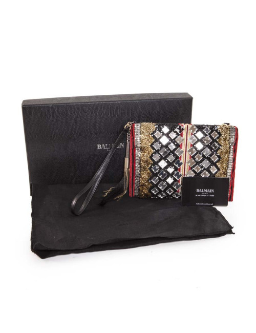 BALMAIN evening clutch in lame gold fabric and embroideries