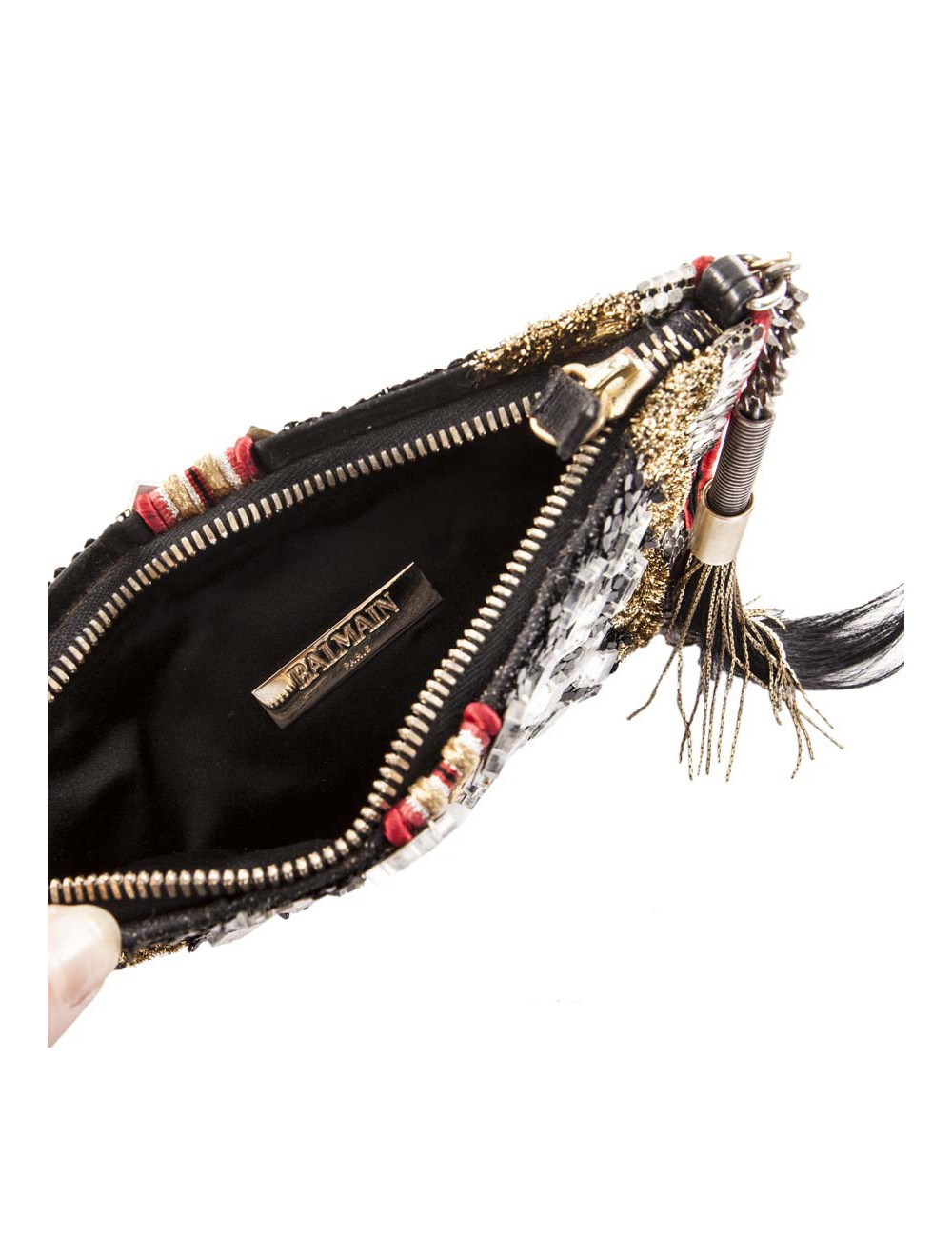 BALMAIN evening clutch in lame gold fabric and embroideries