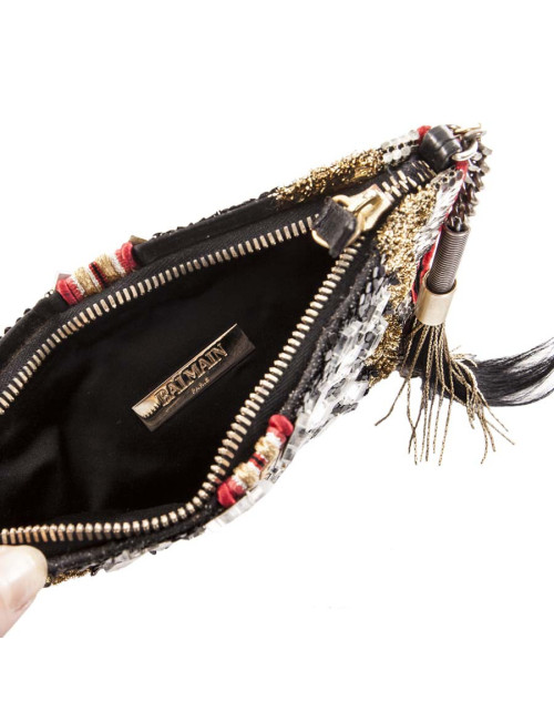 BALMAIN evening clutch in lame gold fabric and embroideries