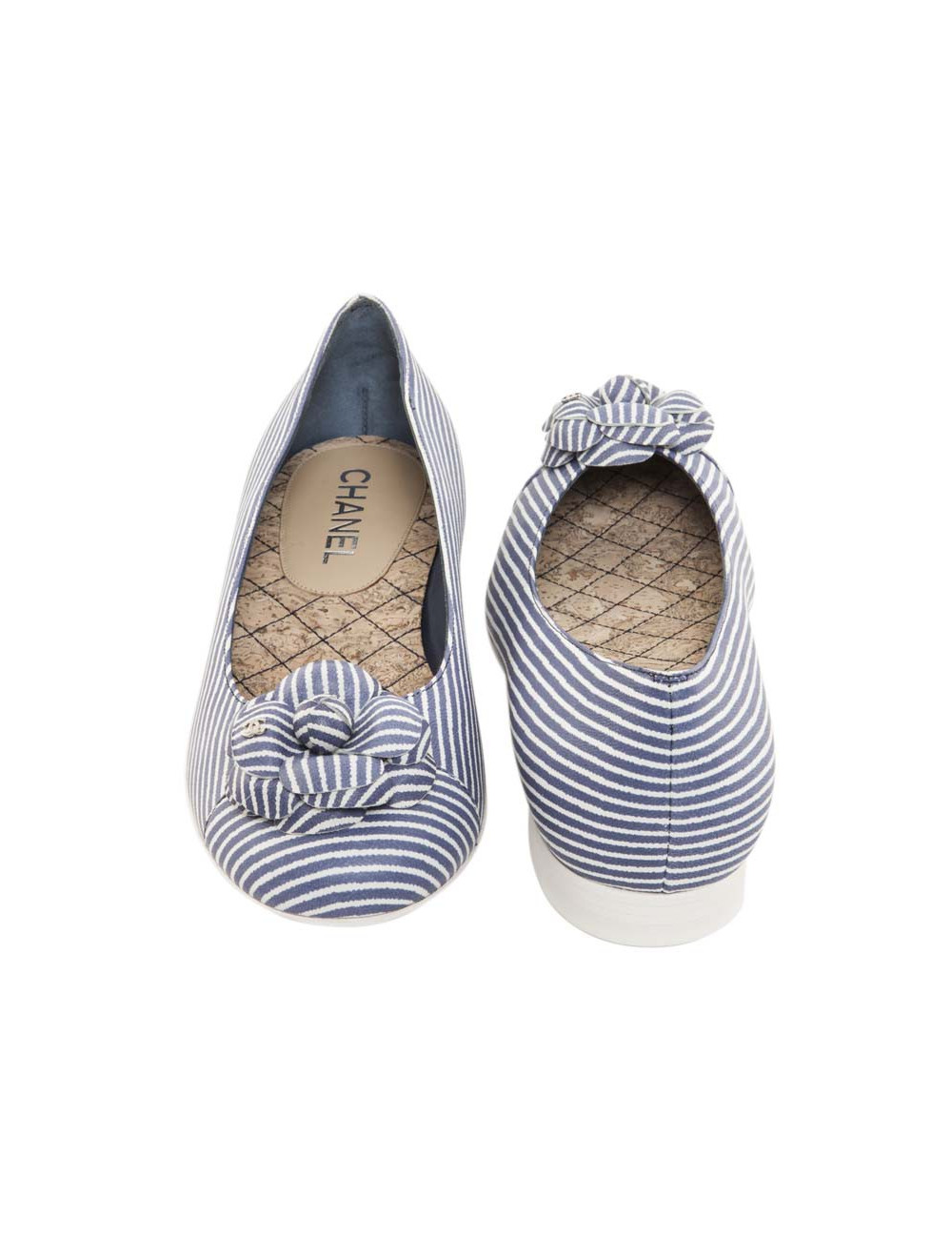 Ballerines CHANEL T 38 FR rayées bleu et blanc avec camélia