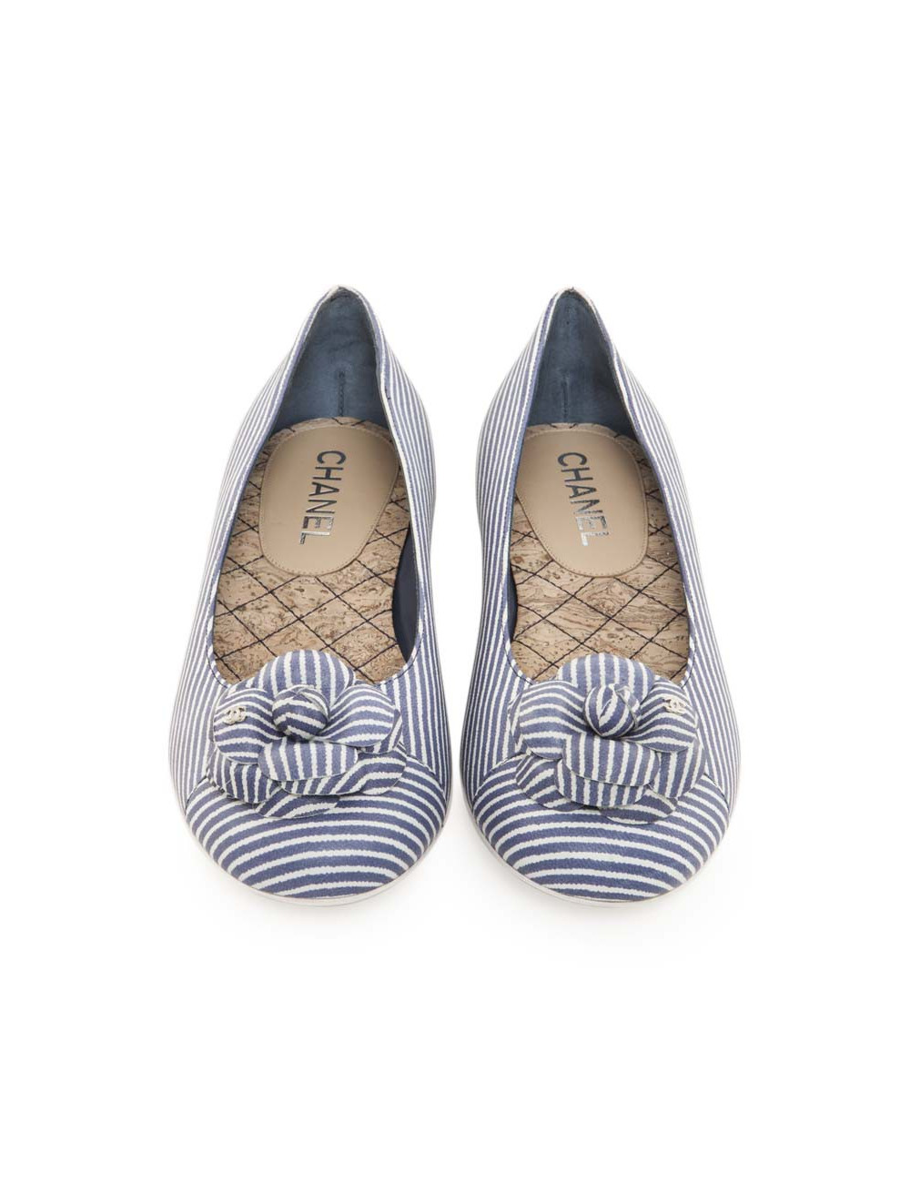 Ballerines CHANEL T 38 FR rayées bleu et blanc avec camélia