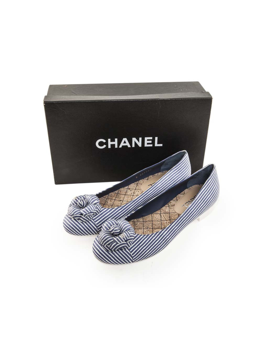 Ballet flats CHANEL T 38 en striped blue and white with Camellia