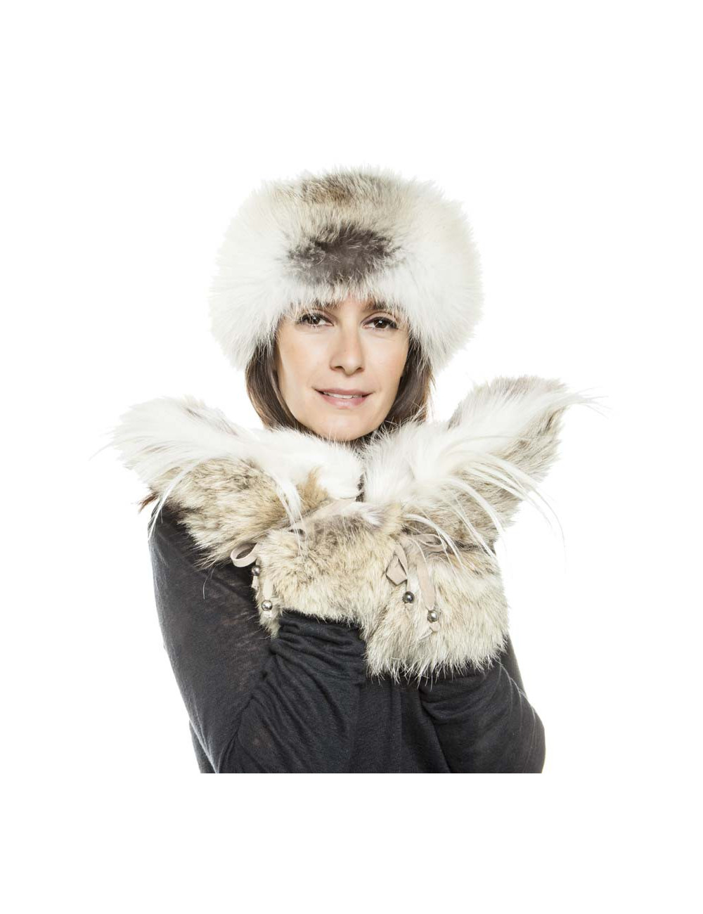 ELCOM Hat and gloves in gray and white cashmere and fur