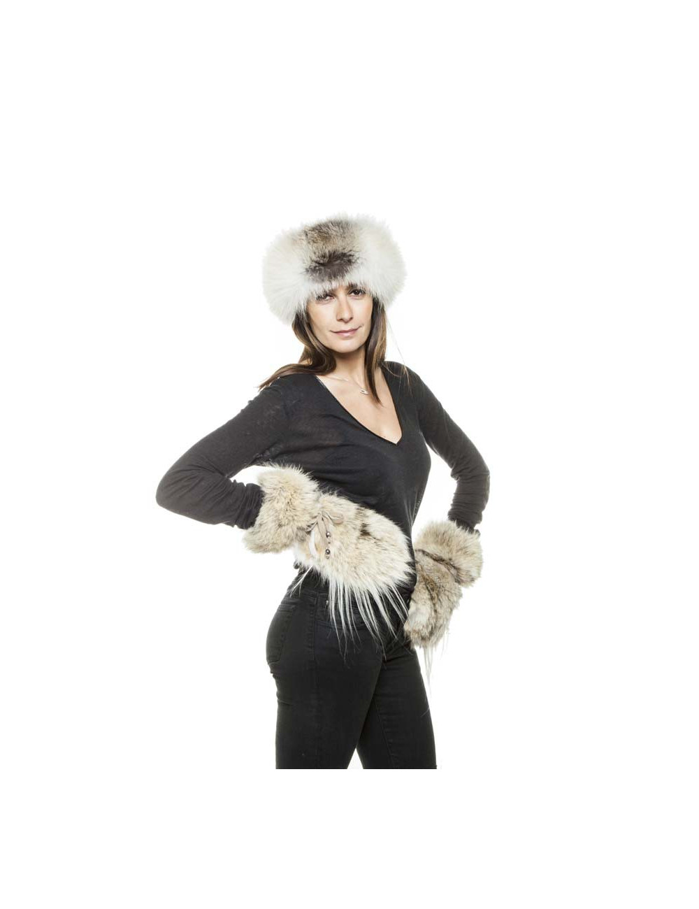 ELCOM Hat and gloves in gray and white cashmere and fur 