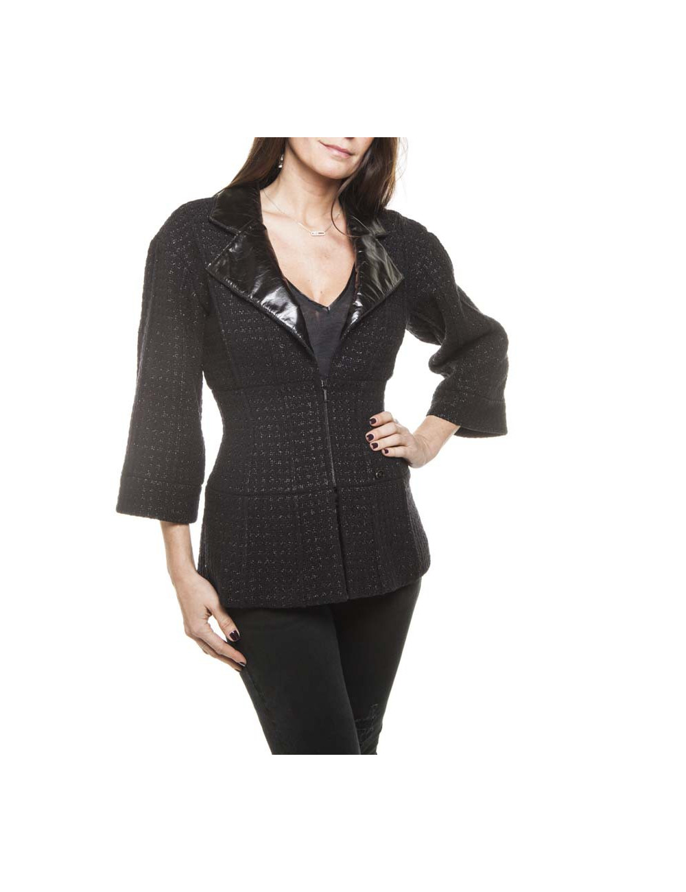 Veste CHANEL T 36  tweed noir et fils brillants noirs