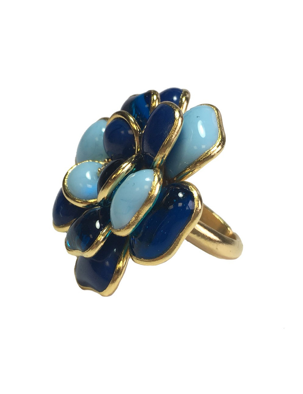 Bague MARGUERITE DE VALOIS camélia T50 en métal doré et pâte de verre bleue