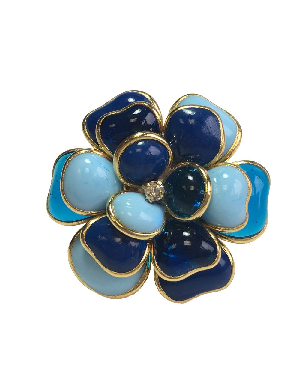 Bague MARGUERITE DE VALOIS camélia T50 en métal doré et pâte de verre bleue