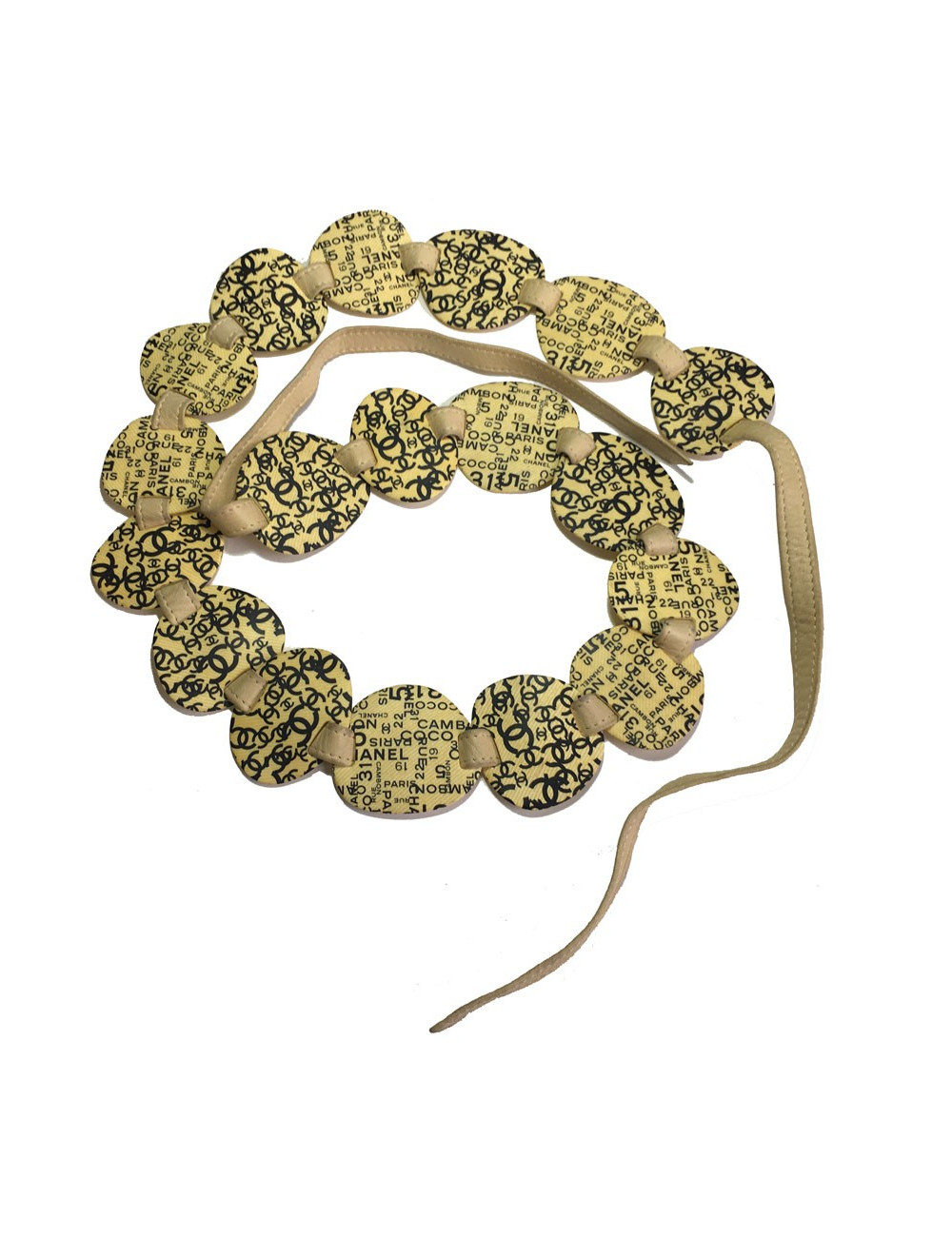 xxx Ceinture CHANEL Vintage T90 en cuir beige et empiècement en plastique jaune 