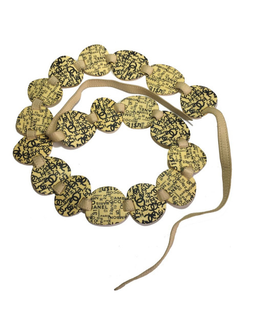 xxx Ceinture CHANEL Vintage T90 en cuir beige et empiècement en plastique jaune 