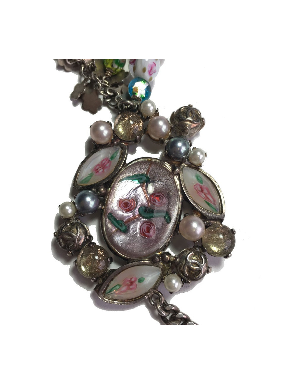 Ceinture CHANEL T80 chaîne argentée et perles multicolores