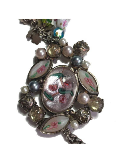 Ceinture CHANEL T80 chaîne argentée et perles multicolores
