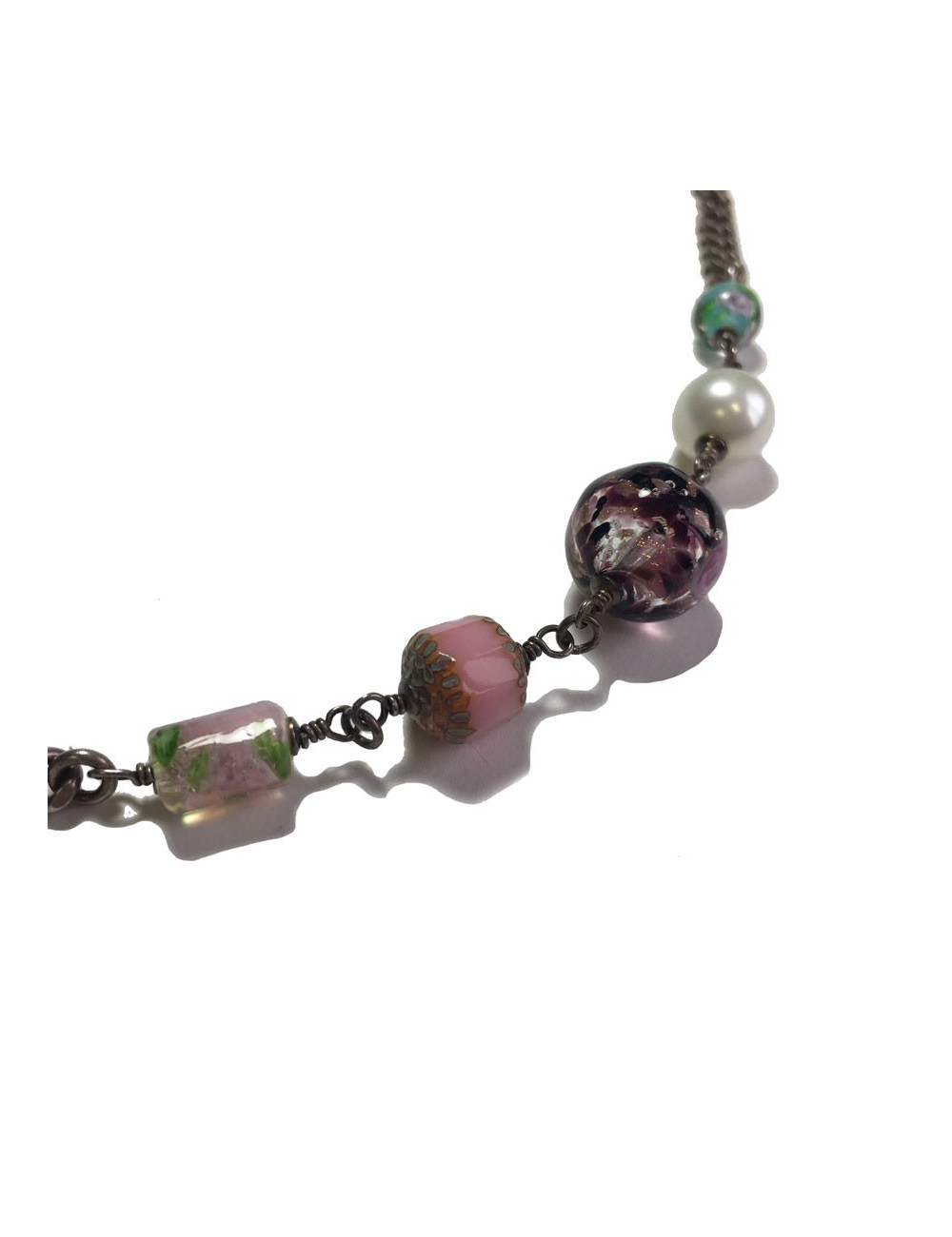 CHANEL T80 belt-necklace in silver chain, transparent molten glass beads, pearls and CC