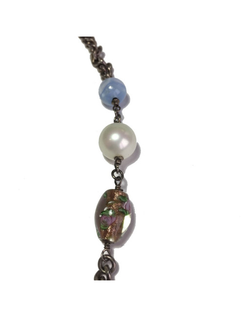 CHANEL T80 belt-necklace in silver chain, transparent molten glass beads, pearls and CC