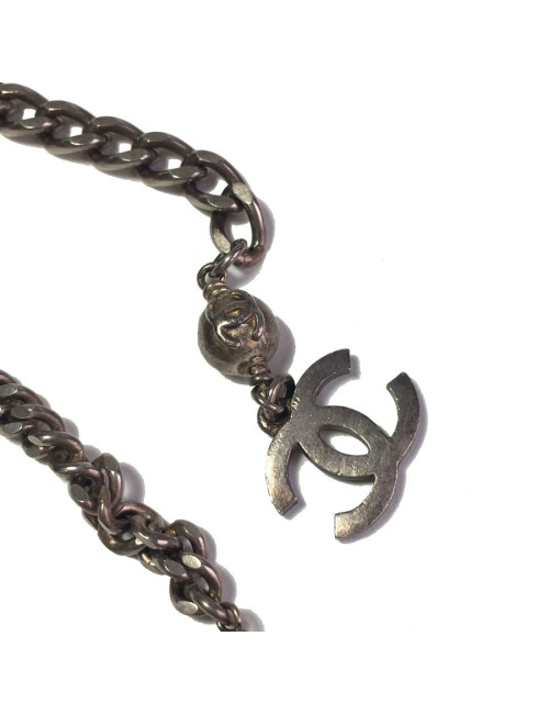 CHANEL T80 belt-necklace in silver chain, transparent molten glass beads, pearls and CC