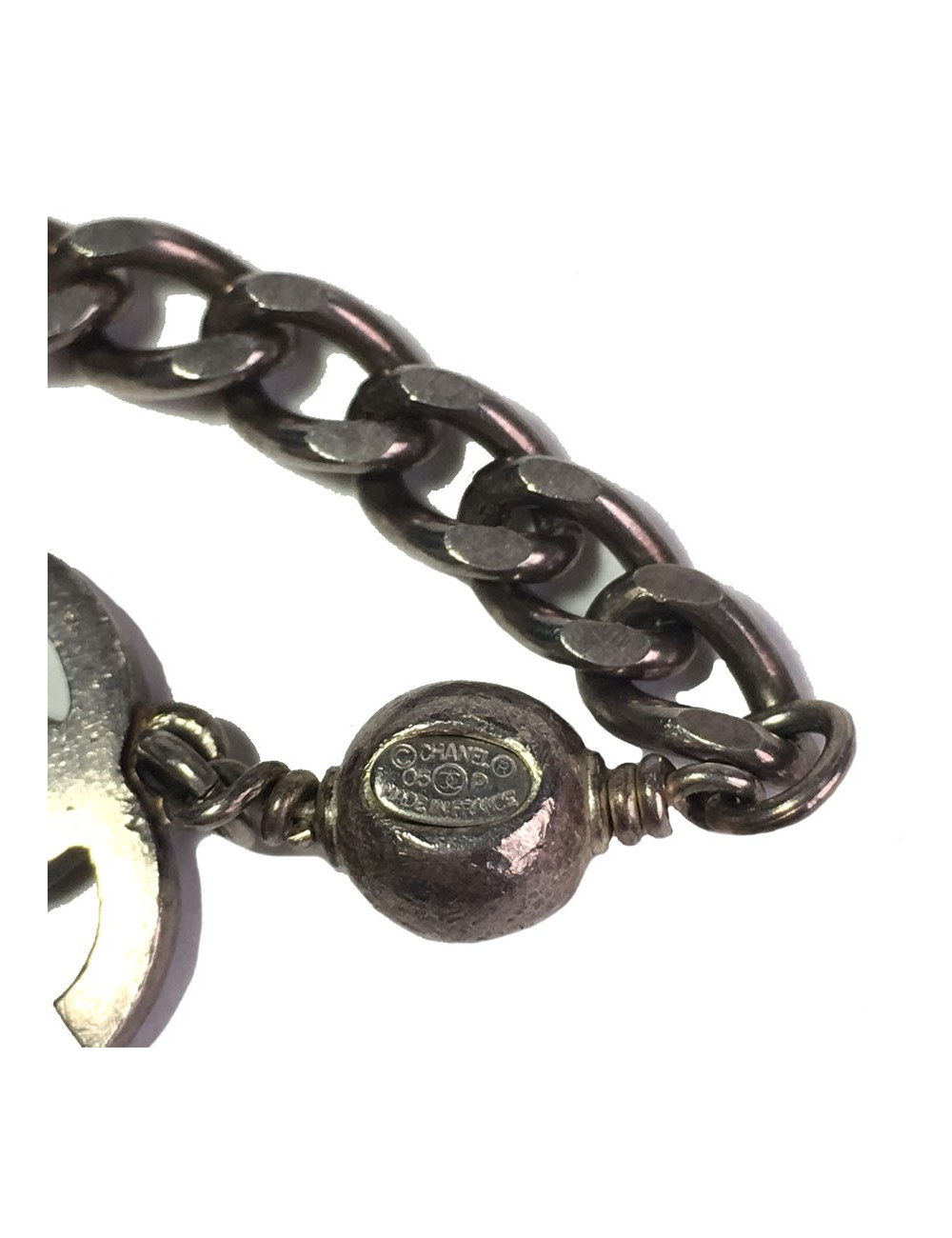 CHANEL T80 belt-necklace in silver chain, transparent molten glass beads, pearls and CC