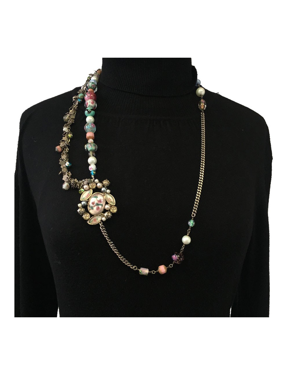 CHANEL T80 belt-necklace in silver chain, transparent molten glass beads, pearls and CC