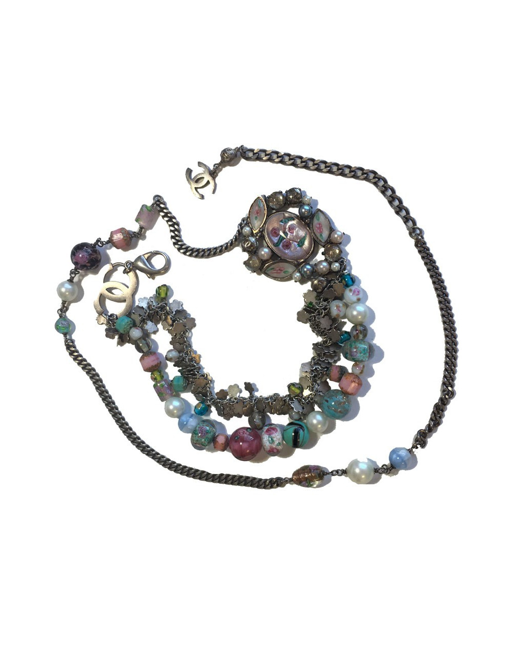 CHANEL T80 belt-necklace in silver chain, transparent molten glass beads, pearls and CC