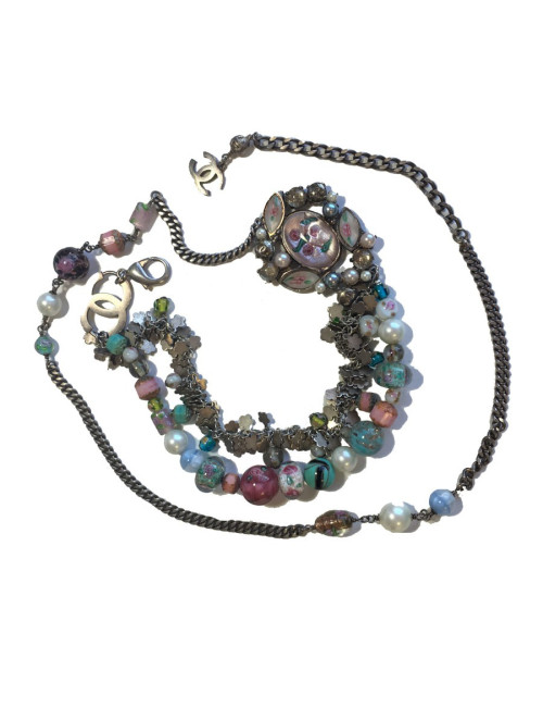 CHANEL T80 belt-necklace in silver chain, transparent molten glass beads, pearls and CC