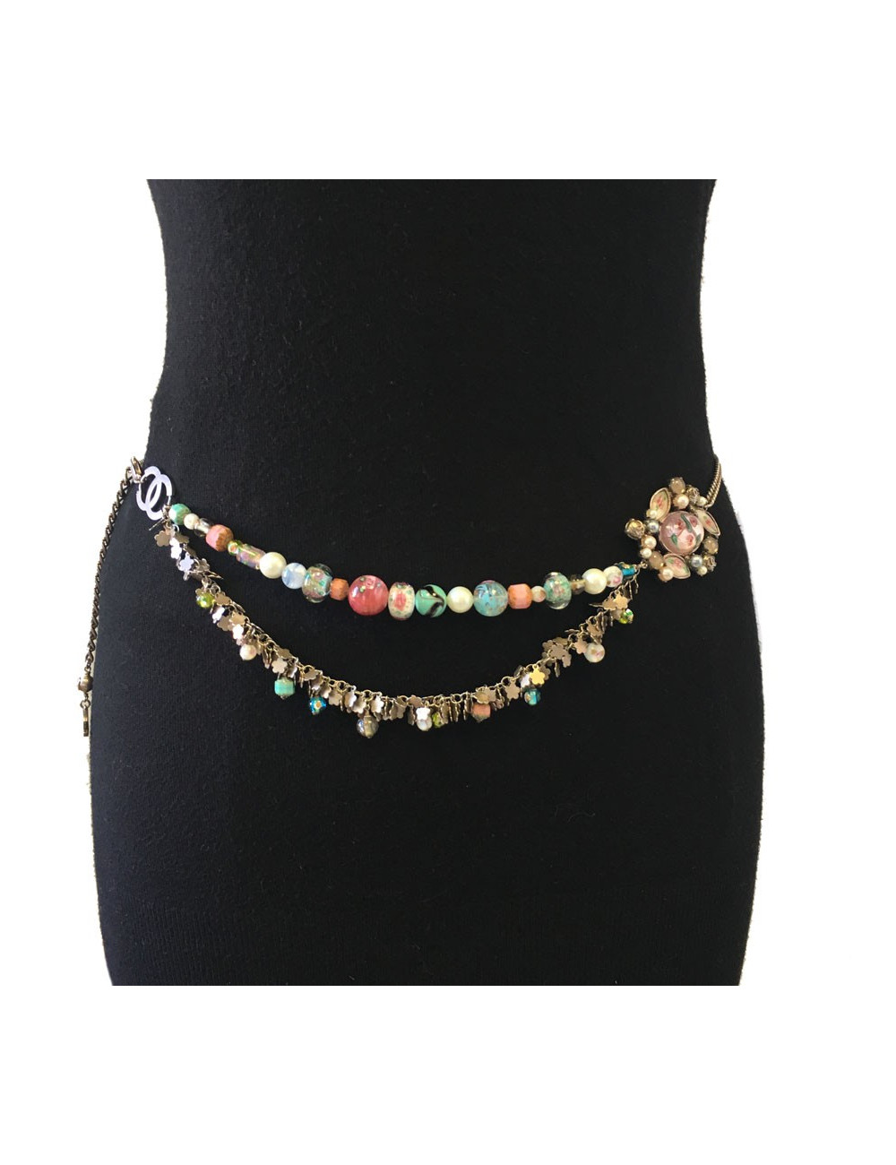 Ceinture CHANEL T80 chaîne argentée et perles multicolores