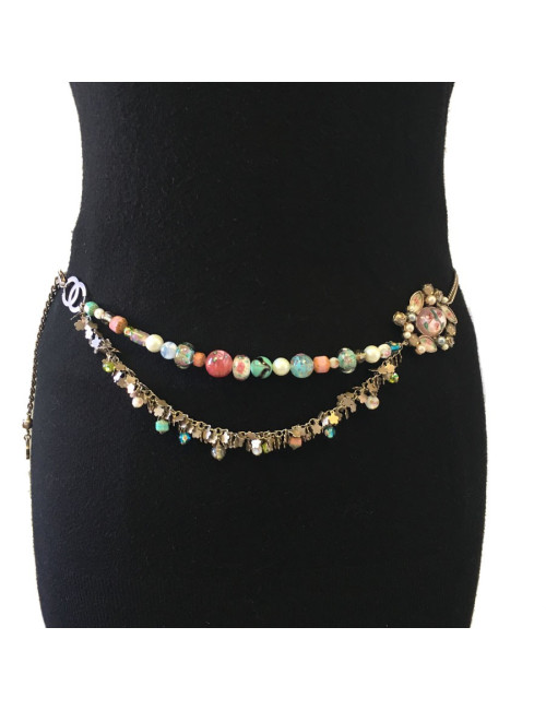 CHANEL T80 belt-necklace in silver chain, transparent molten glass beads, pearls and CC