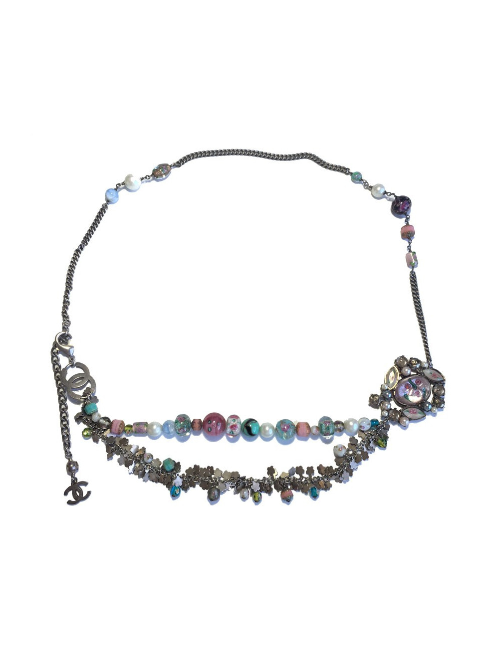 CHANEL T80 belt-necklace in silver chain, transparent molten glass beads, pearls and CC