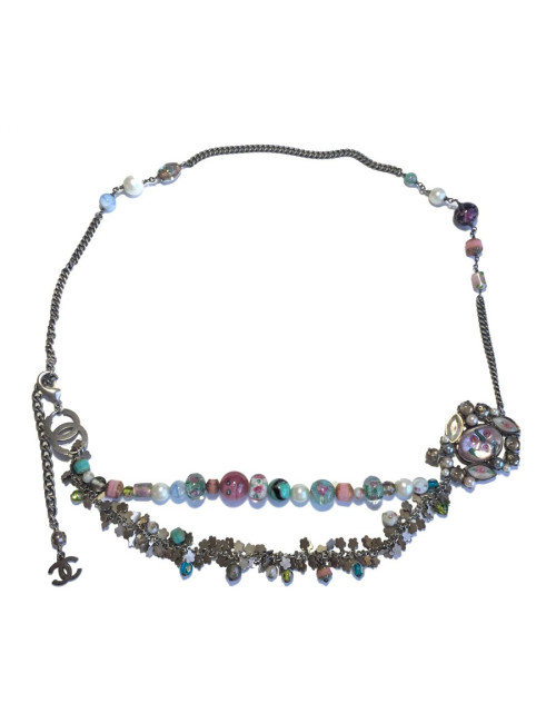 CHANEL T80 belt-necklace in silver chain, transparent molten glass beads, pearls and CC