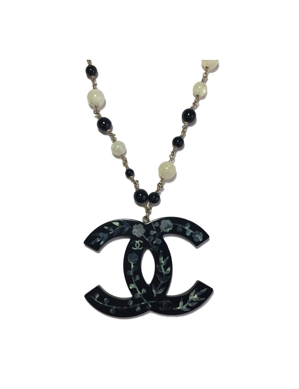 CHANEL CC pendant necklace with gilded metal, black and pearly pearls