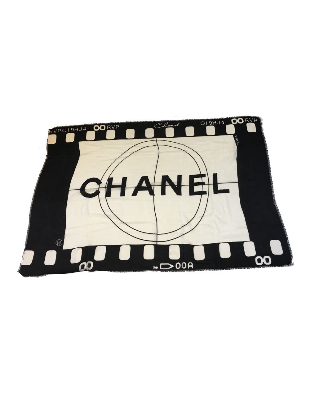 xxx Grand châle CHANEL en cachemire et soie à petites franges noir et ivoire