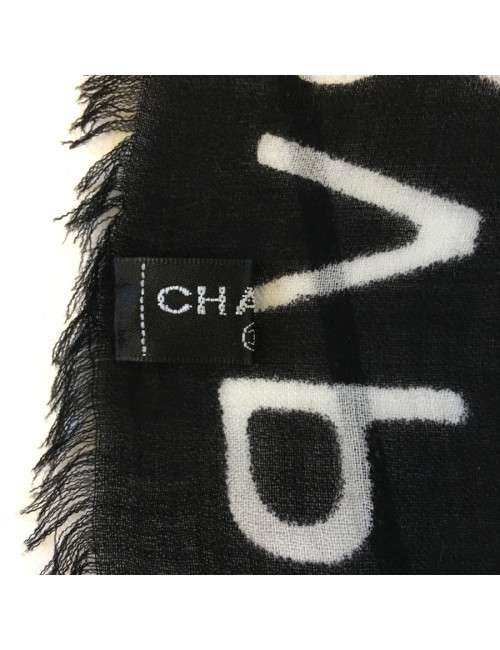 xxx Grand châle CHANEL en cachemire et soie à petites franges noir et ivoire
