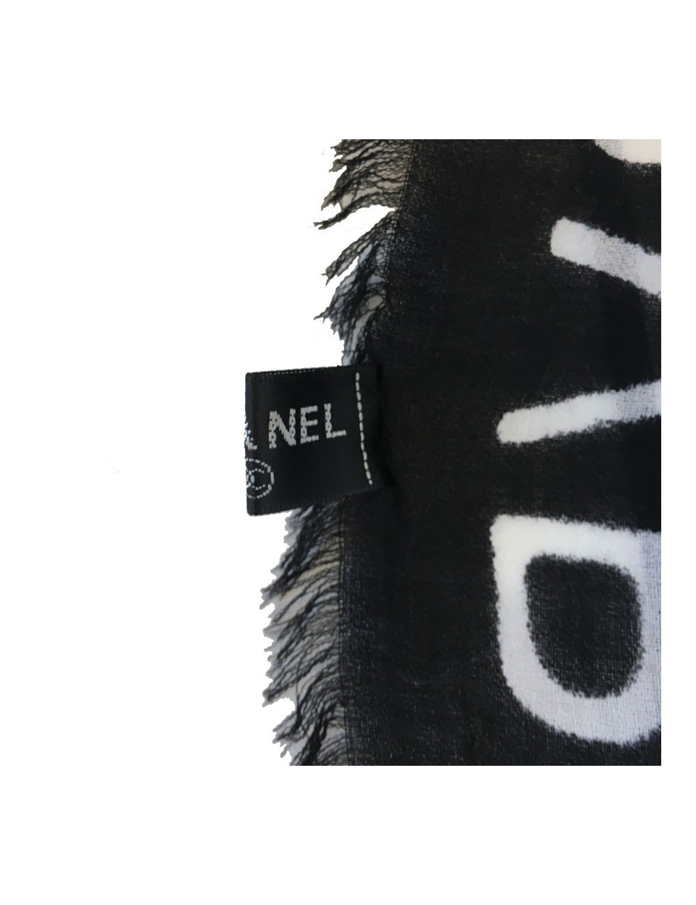 xxx Grand châle CHANEL en cachemire et soie à petites franges noir et ivoire