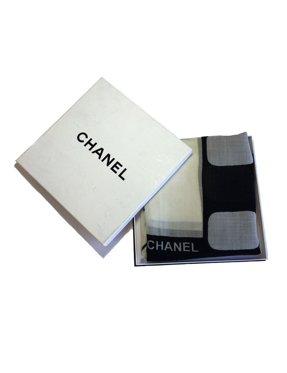 xxx Grand châle CHANEL en cachemire et soie à petites franges noir et ivoire