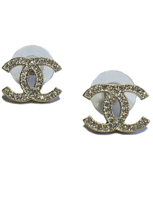 Chanel  CC Studs Earrings in Pale Gilded Metal set with Rhinestones
