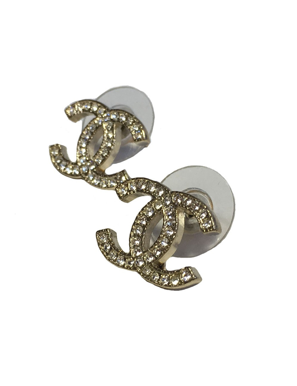 Chanel  CC Studs Earrings in Pale Gilded Metal set with Rhinestones