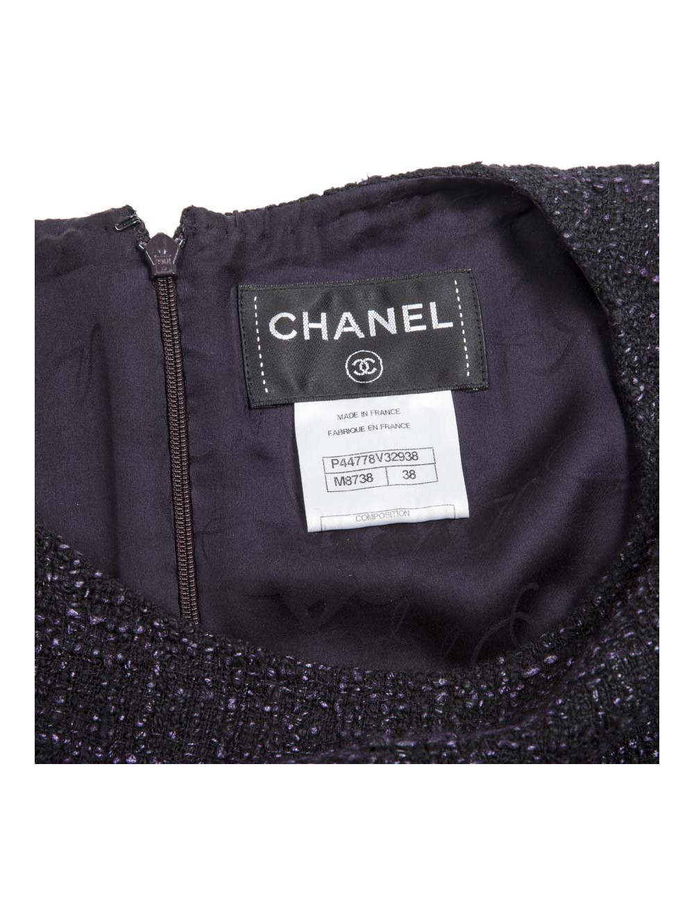Robe CHANEL T 38 Tweed noir et violet