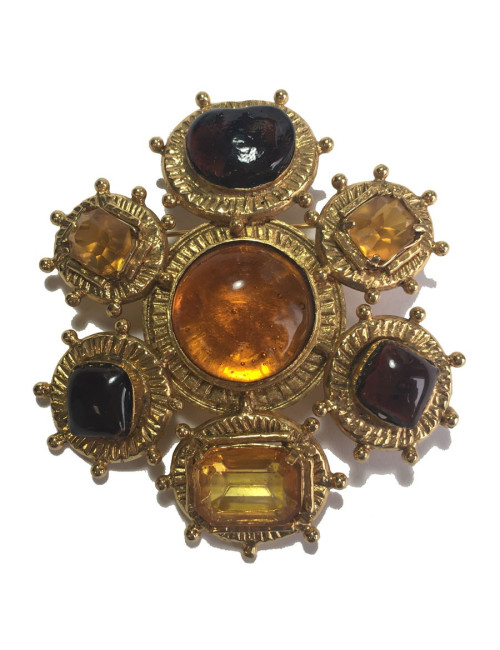 Broche CHANEL couture vintage en métal doré, pâte de verre et strass taille émeraude