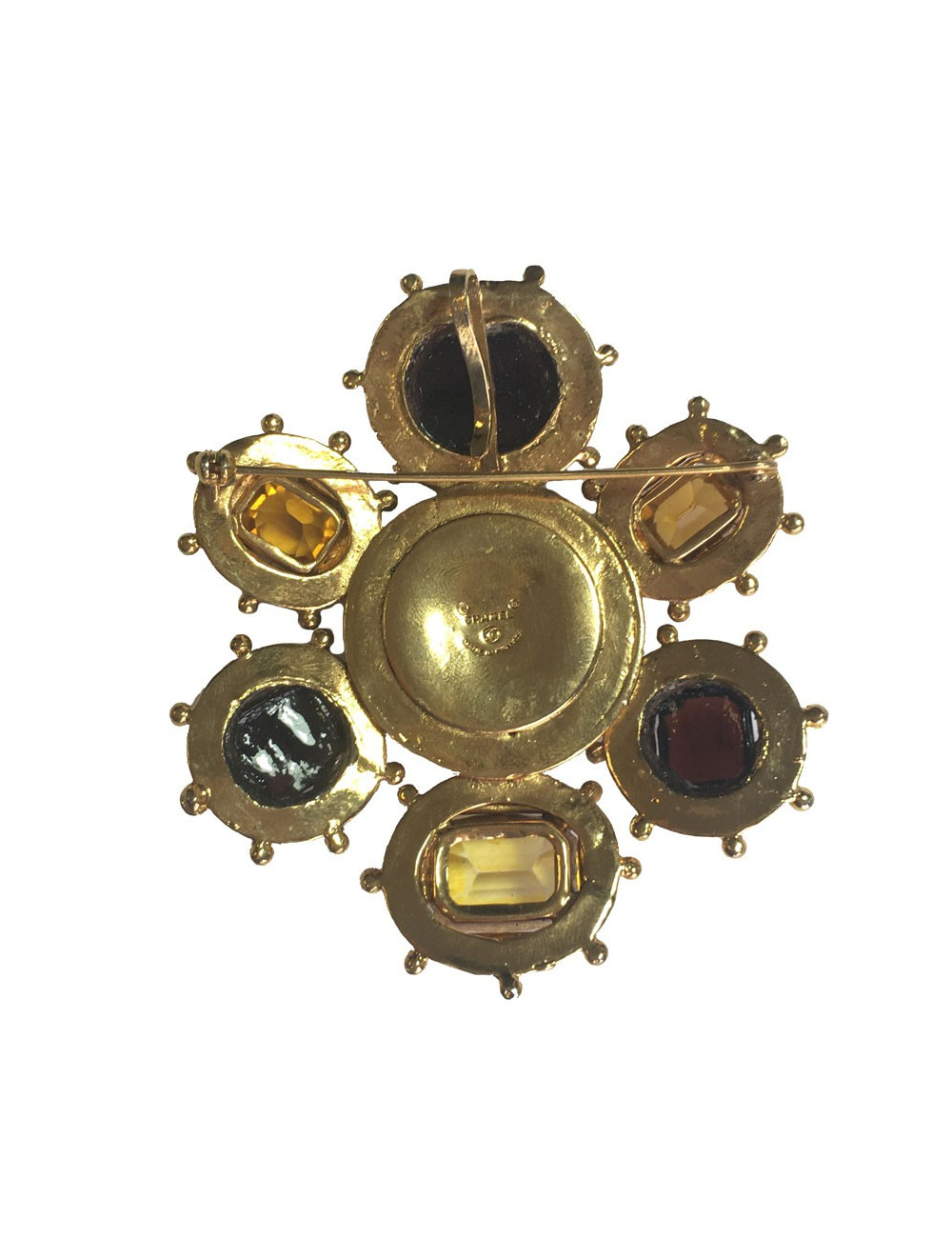 Broche CHANEL couture vintage en métal doré, pâte de verre et strass taille émeraude