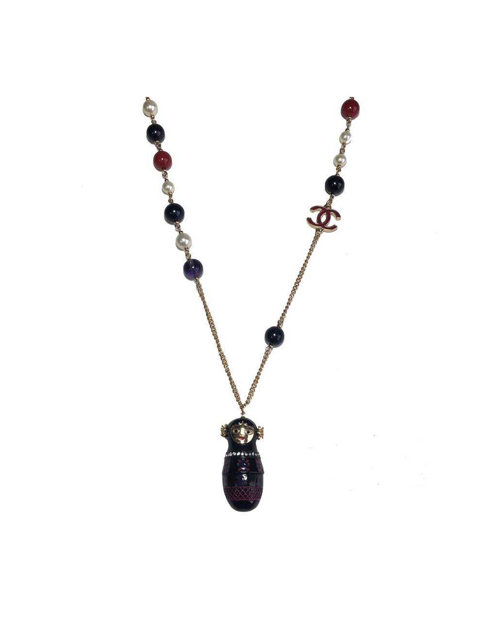 Sautoir CHANEL "Paris-Moscou" pendentif poupée russe et perles multicolores