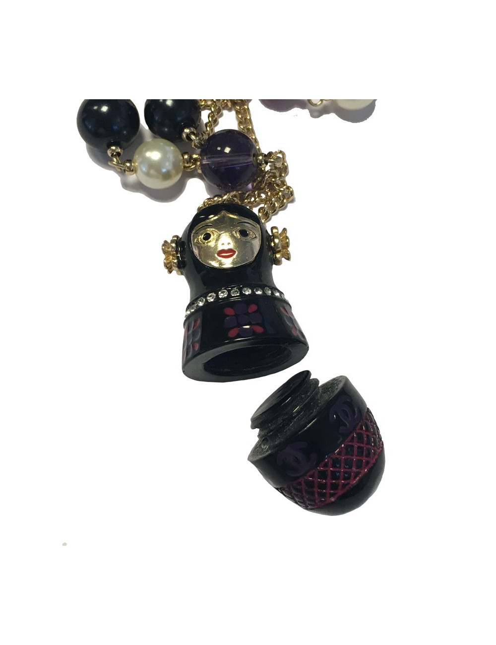 Sautoir CHANEL "Paris-Moscou" pendentif poupée russe et perles multicolores