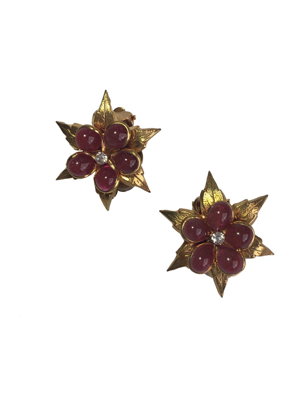 Boucles d'oreille Clips MARGUERITE DE VALOIS métal doré, pâte de verre rose et petit strass
