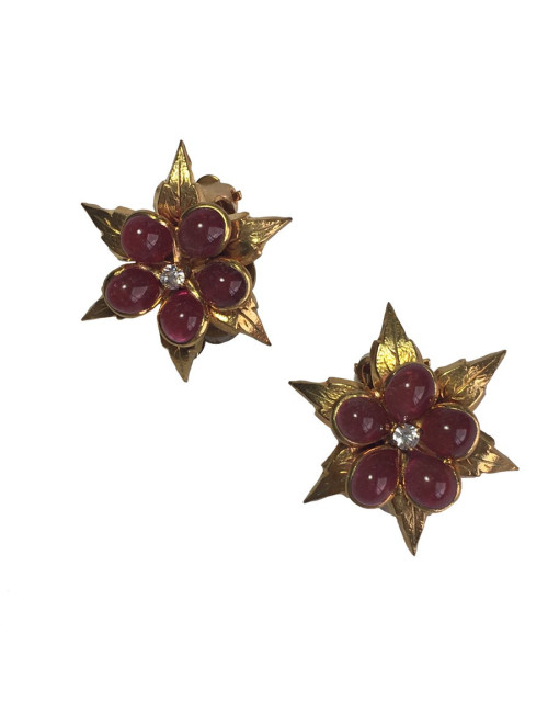 Boucles d'oreille Clips MARGUERITE DE VALOIS métal doré, pâte de verre rose et petit strass