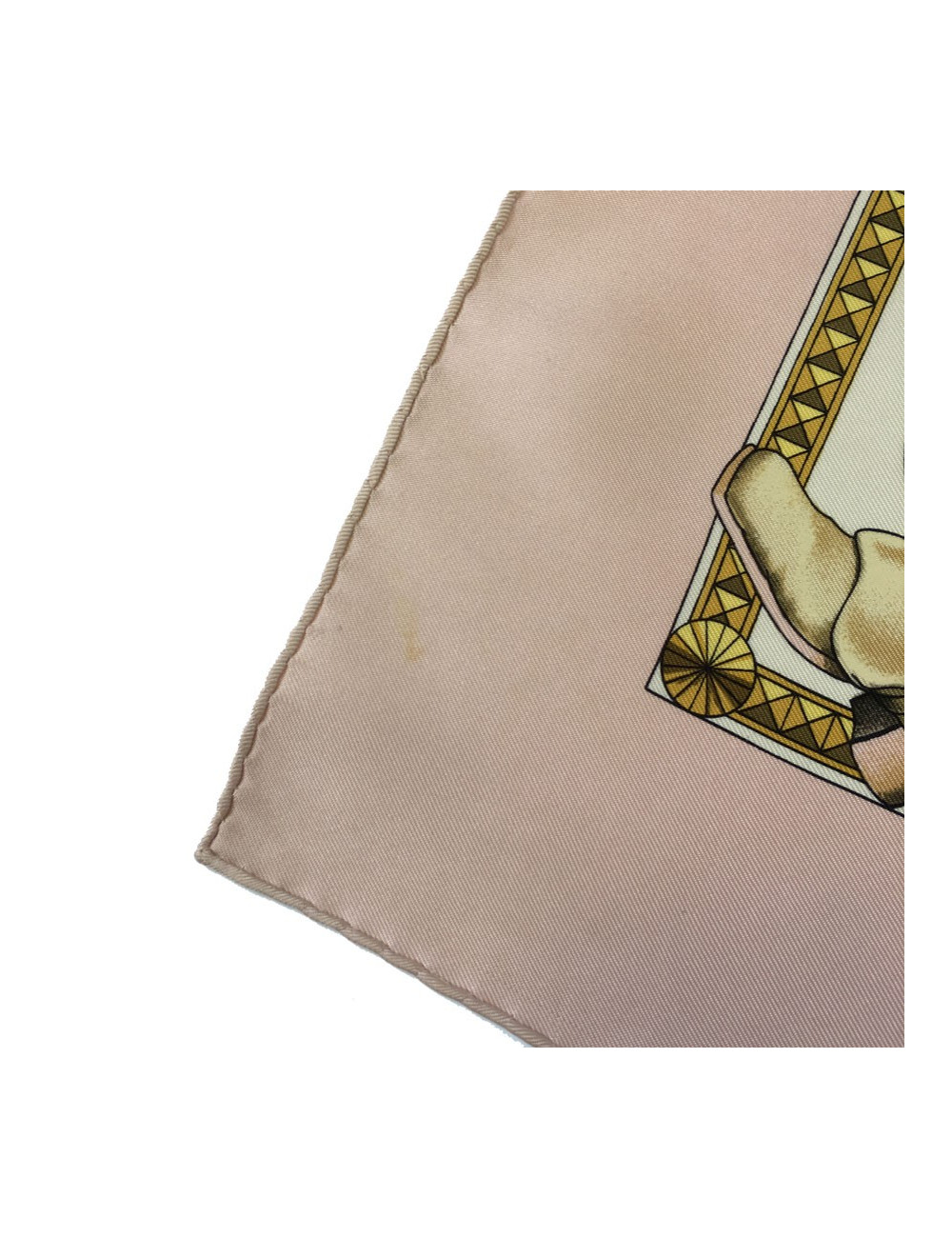 Carré HERMES 'Présentation de chevaux" vintage en soie rose, ivoire et or