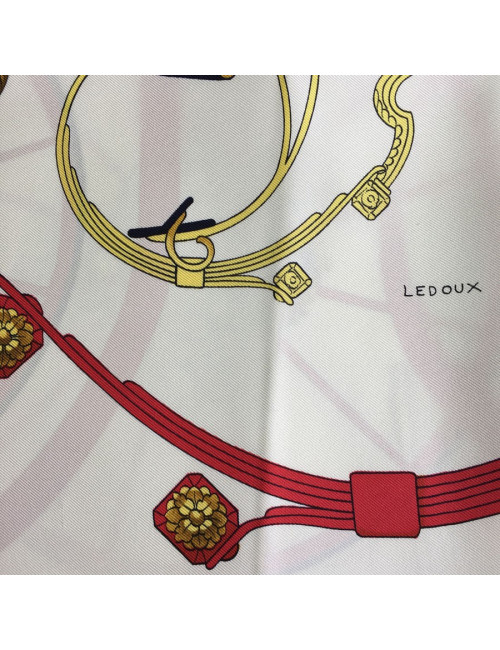 xxx Carré HERMES "Springs" en soie multicolore sur fond blanc