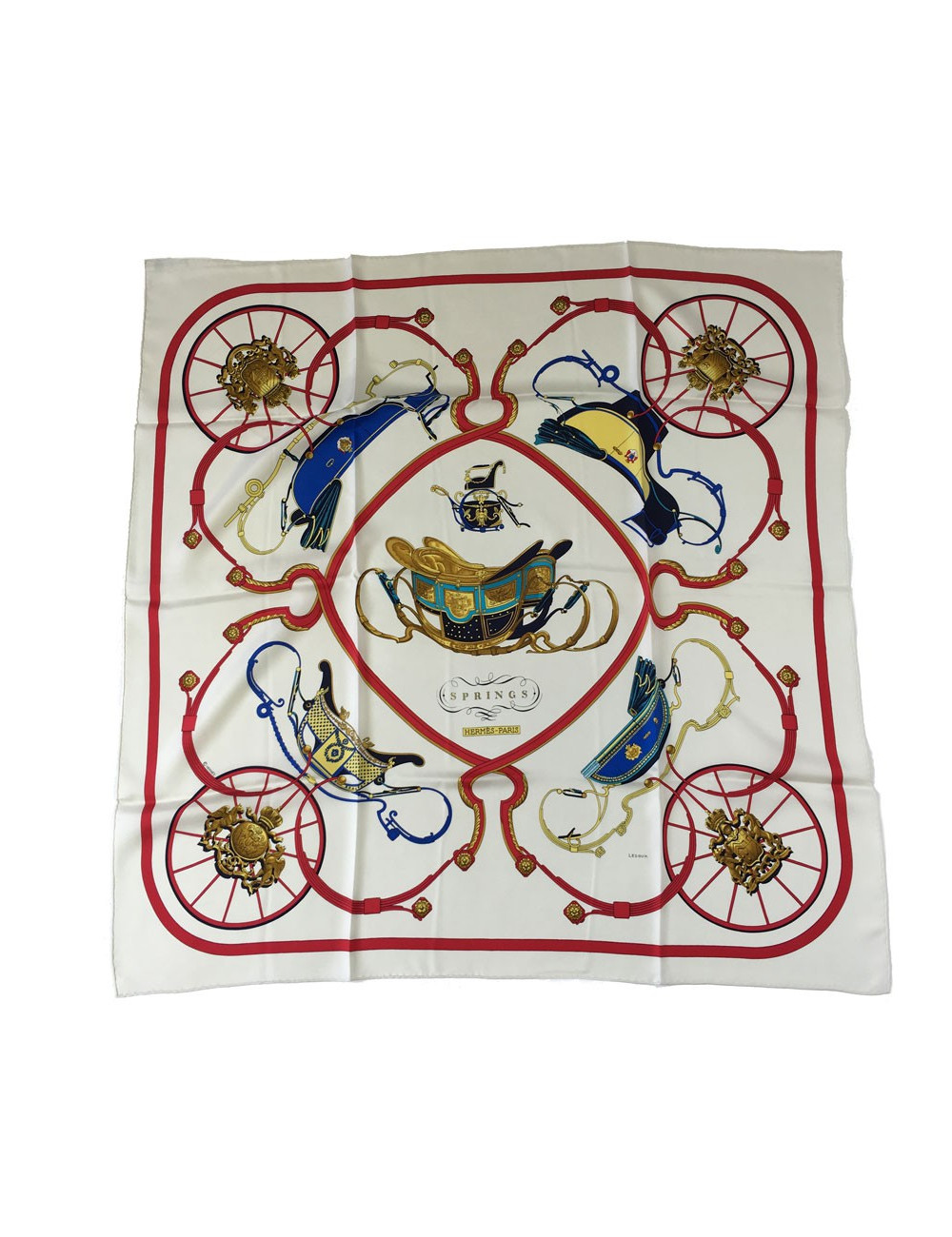 xxx Carré HERMES "Springs" en soie multicolore sur fond blanc