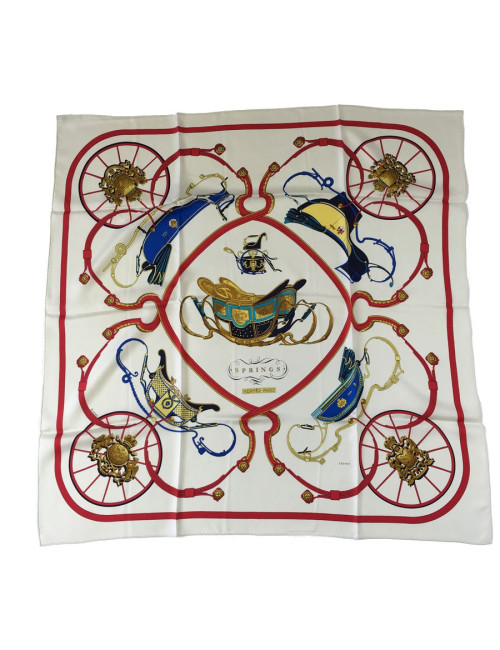 xxx Carré HERMES "Springs" en soie multicolore sur fond blanc