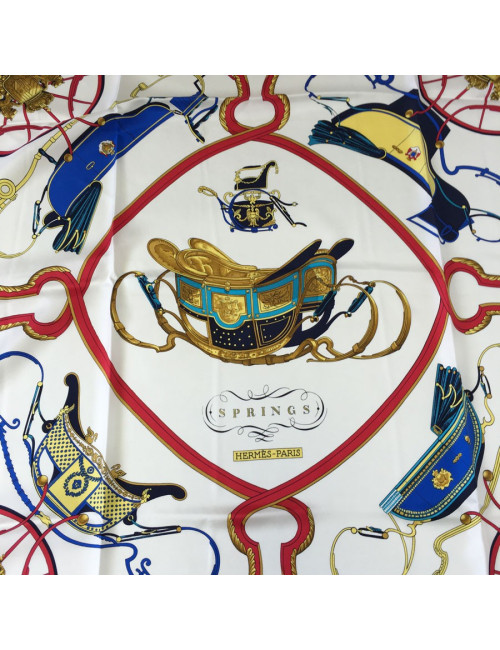 xxx Carré HERMES "Springs" en soie multicolore sur fond blanc
